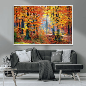 Autumn Red Forest Triptych Canvas Wall Art Print, Forest
