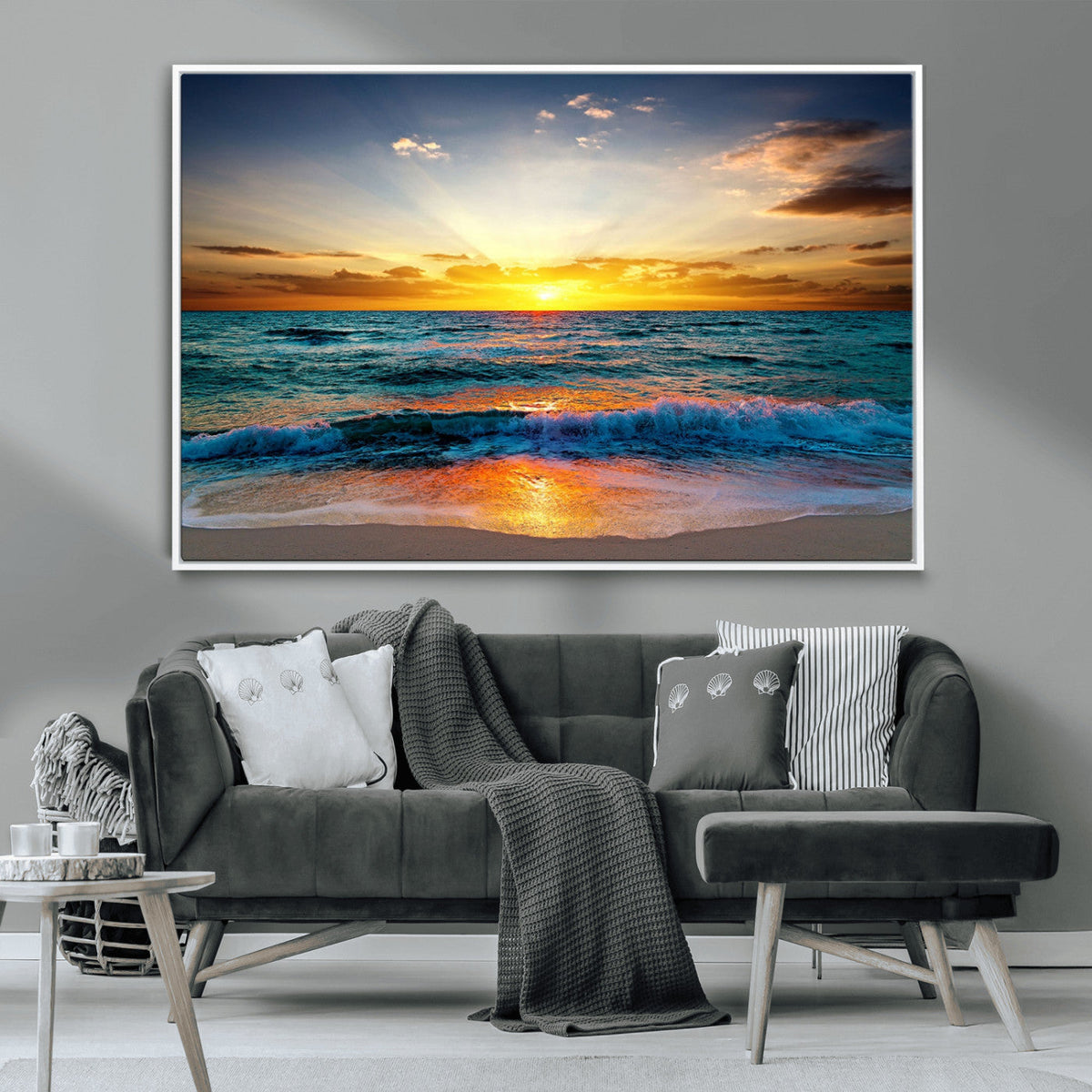 Vibrant Ocean Sunrise Over Golden Beach Waves, Giclee Canvas