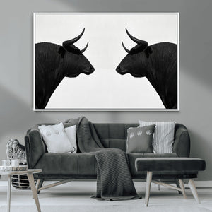 Spanish Bull Art - Framed Black and White Bull Canvas Print