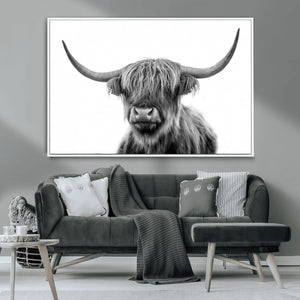 Grayscale Scottish Highland Cow Cattle Art Print Farmhouse