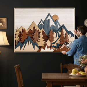 Rustic Abstract Wood Panel Effect Canvas Mountain Range Top