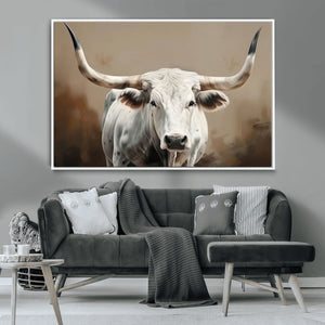 White Longhorn Bull Wall Art Canvas Print – Framed and Ready