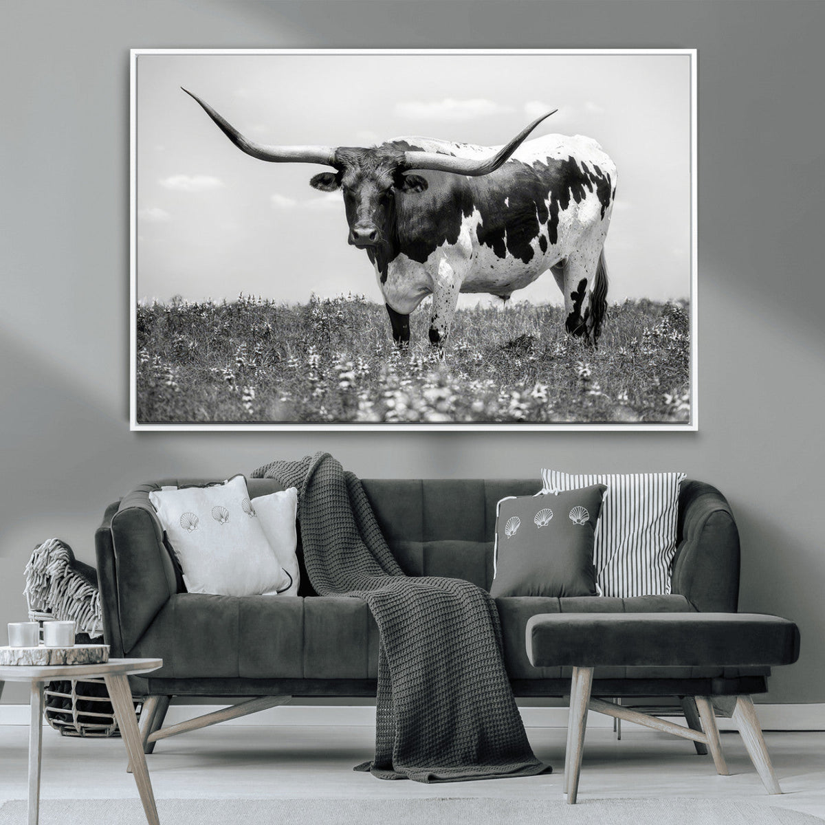 Texas Black White Highland Longhorn Cow Wall Art Canvas