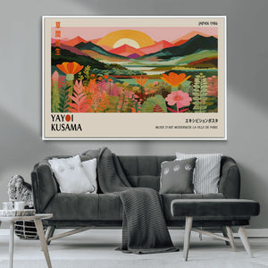 Framed Yayoi Kusama Print, Vibrant Floral Mountain Art