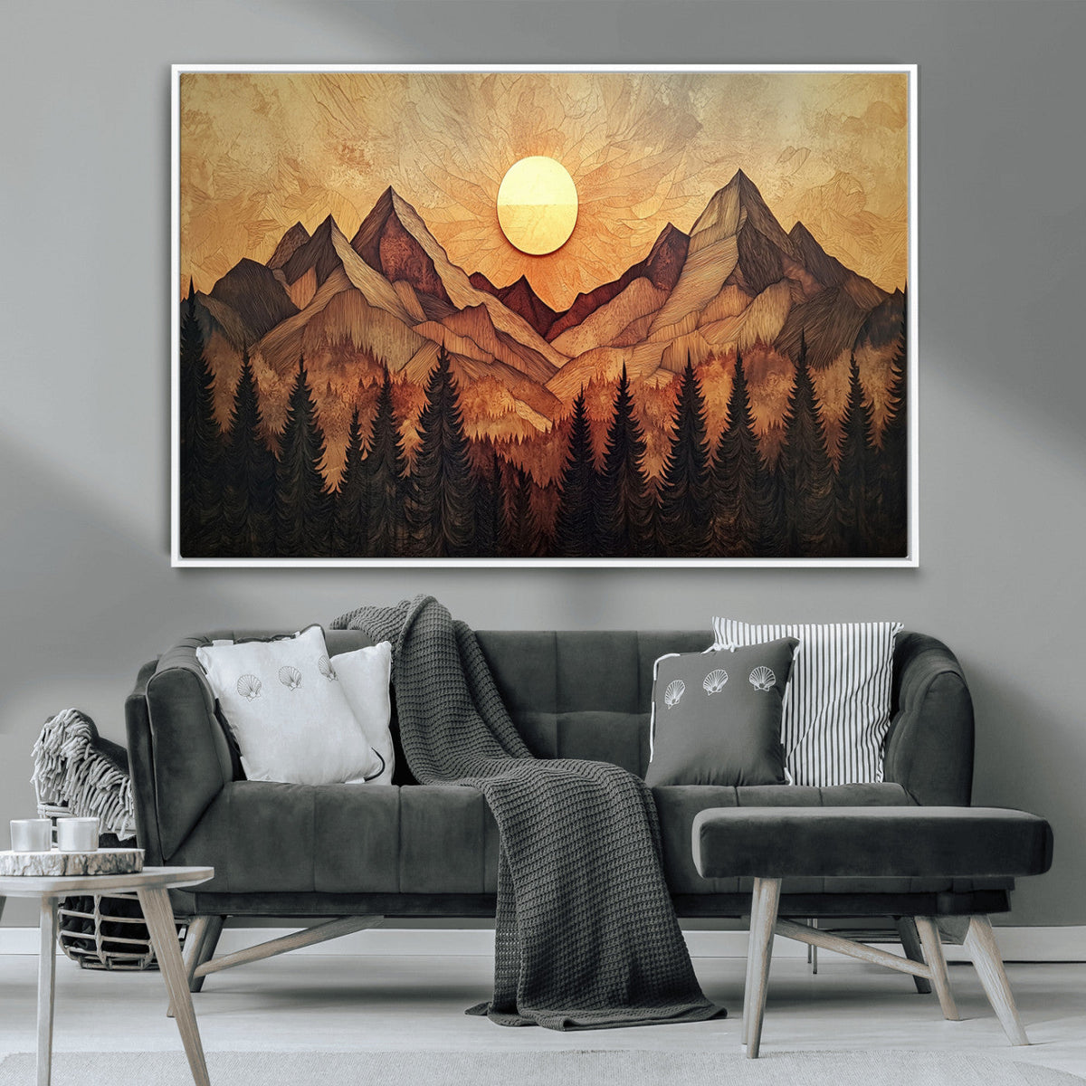 Wood Style Abstract Mountain Sunset Canvas Wall Art Print -