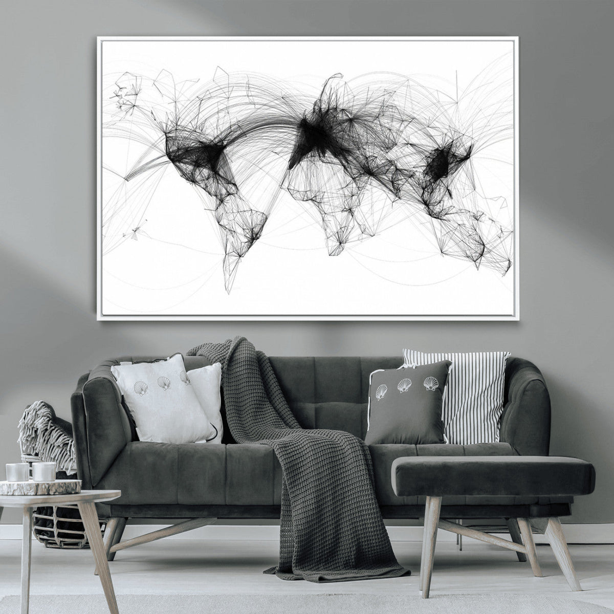 Abstract World Map Wall Art – Framed Geometric Line Canvas