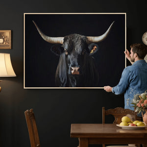 Majestic Longhorn Bull Wall Art Canvas Print – Dark
