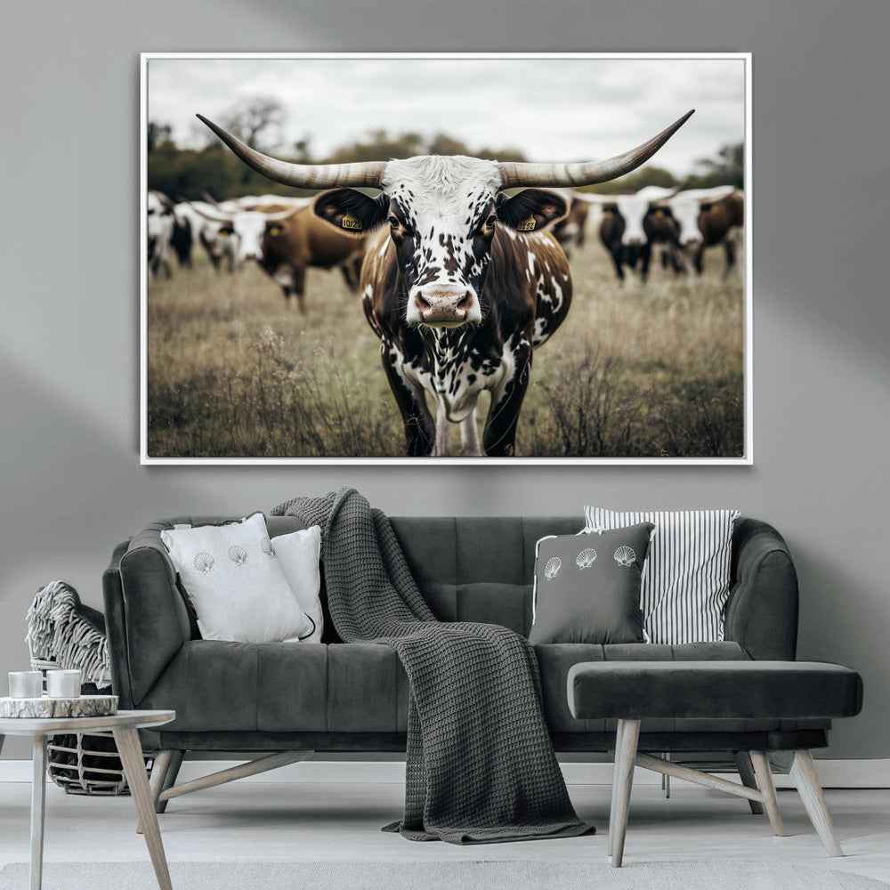 Texas Longhorn Wall Art – Framed Speckled Cow Canvas