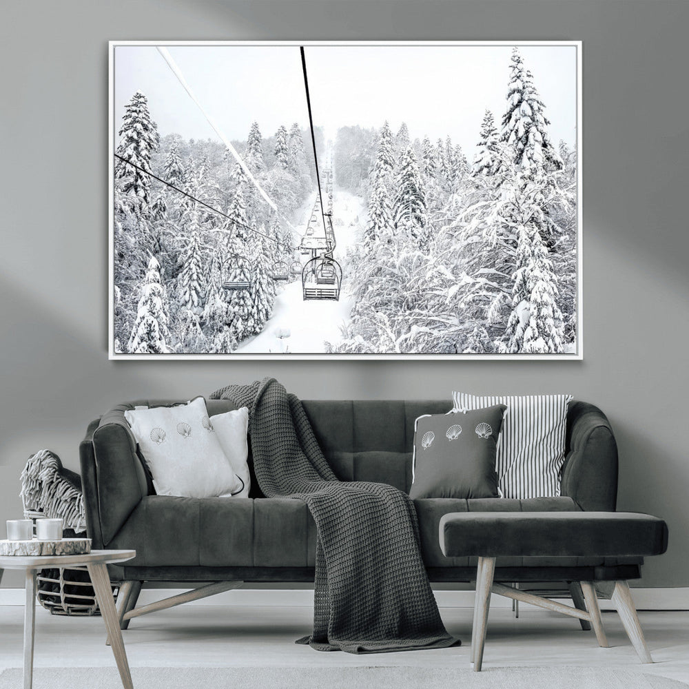 Snowy Ski Lift Wall Art – Framed Winter Mountain Canvas