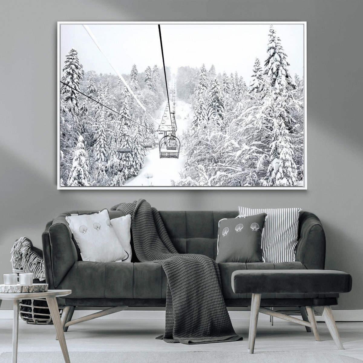 Snowy Ski Lift Wall Art – Framed Winter Mountain Canvas