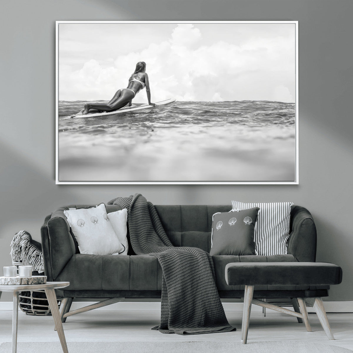 Black and White Surfing Wall Art Canvas Print – Framed Ocean