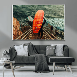 Surfer Stairway Wall Art – Framed Ocean Surf Canvas Artwork,