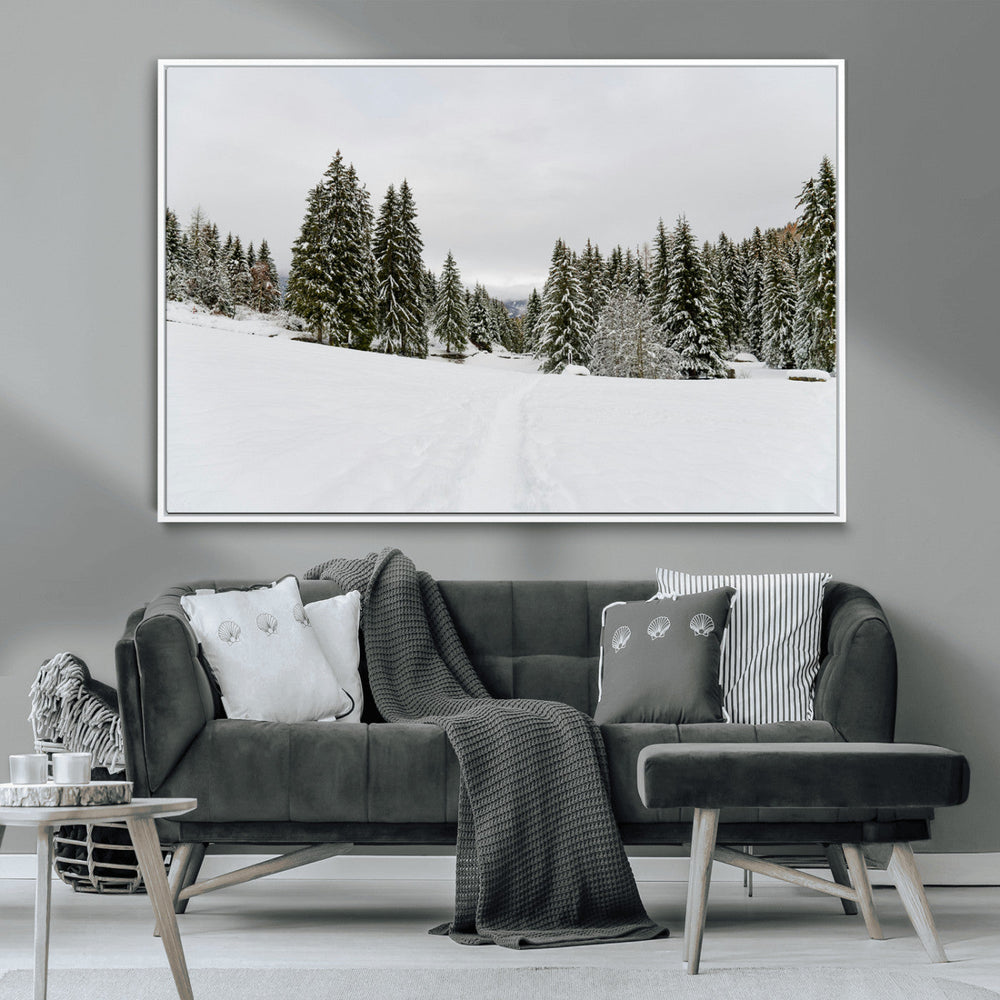 Frosty Pines Wall Art Canvas Print – Framed Silent Snowfall