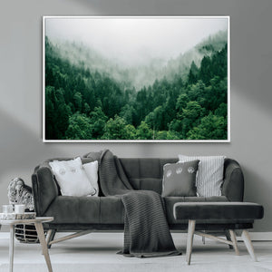 Misty Green Forest Canvas Print – Framed Serene Foggy Pine