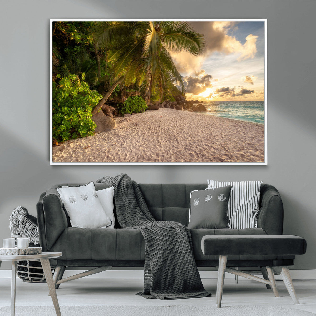 Tropical beach sunset, palm trees, white sand, ocean waves,