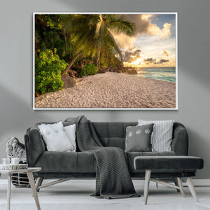 Tropical beach sunset, palm trees, white sand, ocean waves,