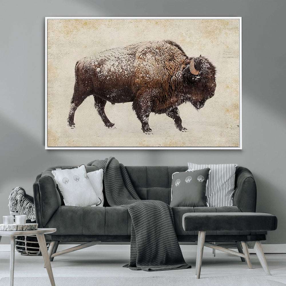 Snow-dusted bison silhouette textured vintage style rugged