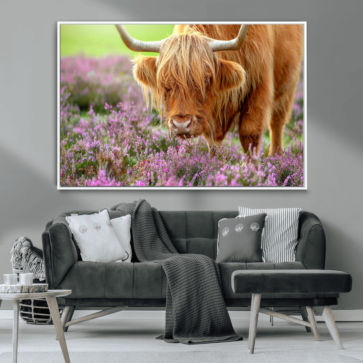 Highland Cow Wall Art Canvas Print – Framed Purple Flowers