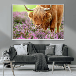 Highland Cow Wall Art Canvas Print – Framed Purple Flowers