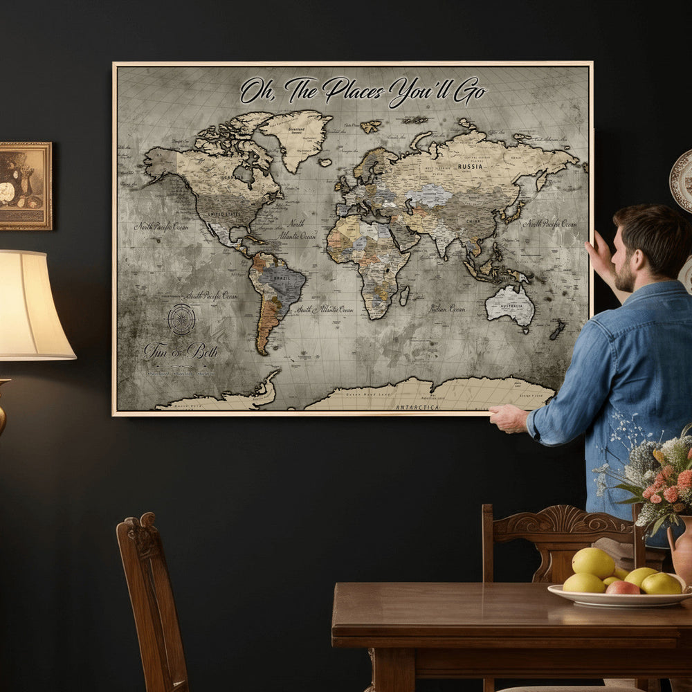 Personalized World Map Wall Art Canvas Print – Custom Push