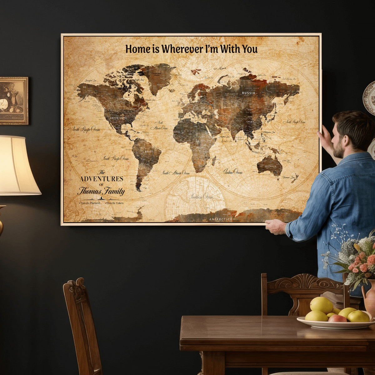Vintage World Map Canvas Wall Art Print, Personalized