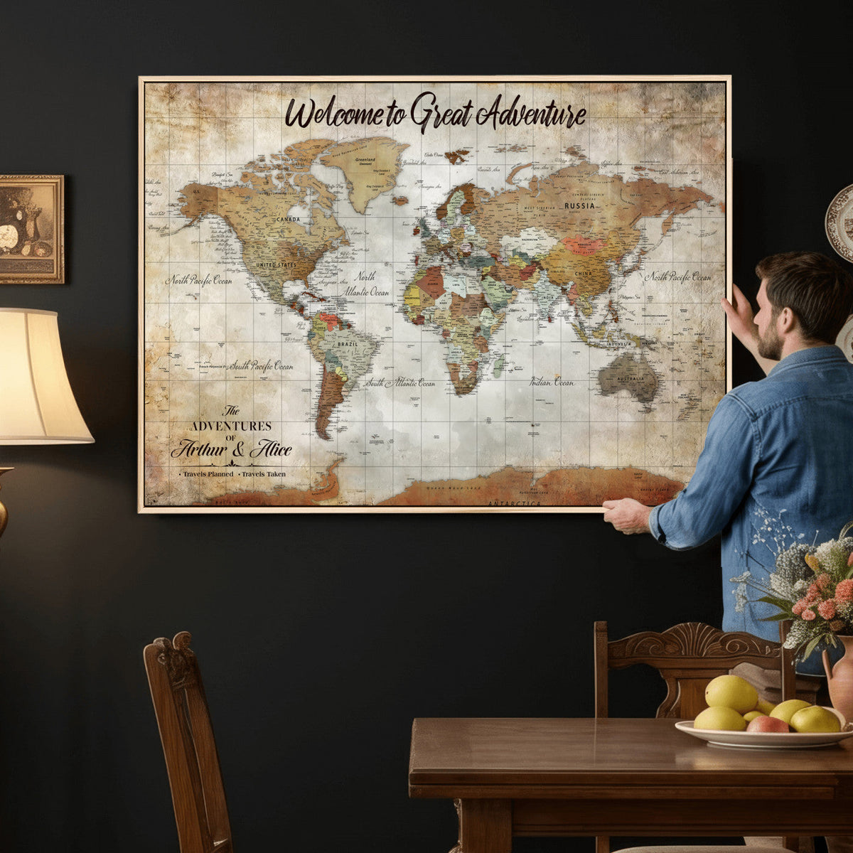 Personalized World Map Wall Art Canvas Print – Custom Push