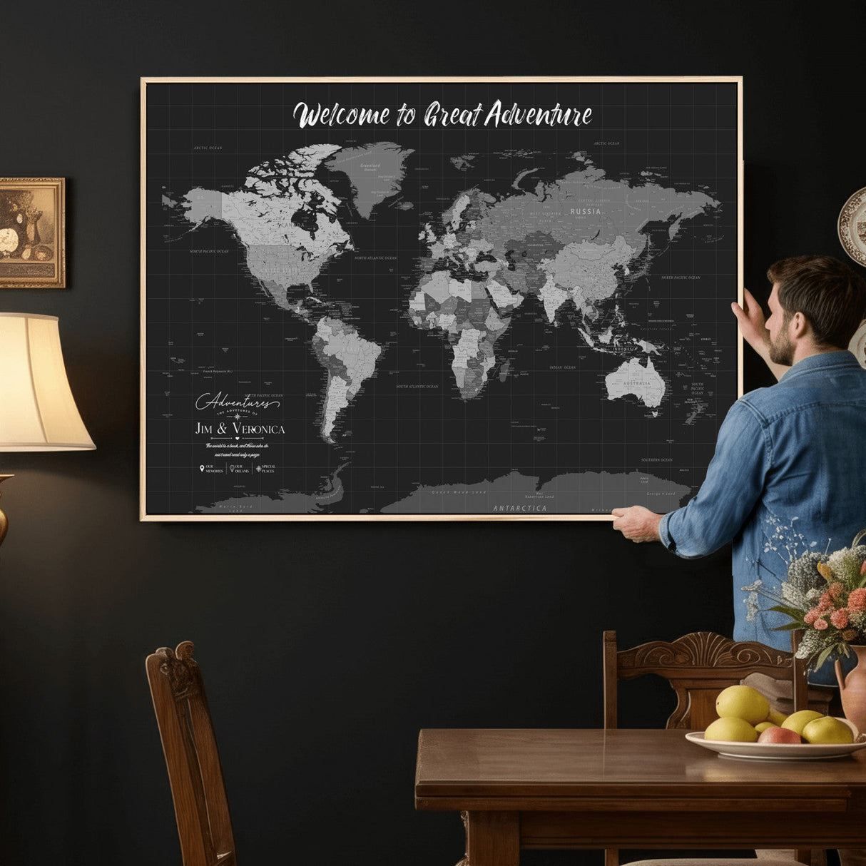 Custom World Map Canvas with Pins – Custom Framed Push Pin Maps - NEWMAP-21