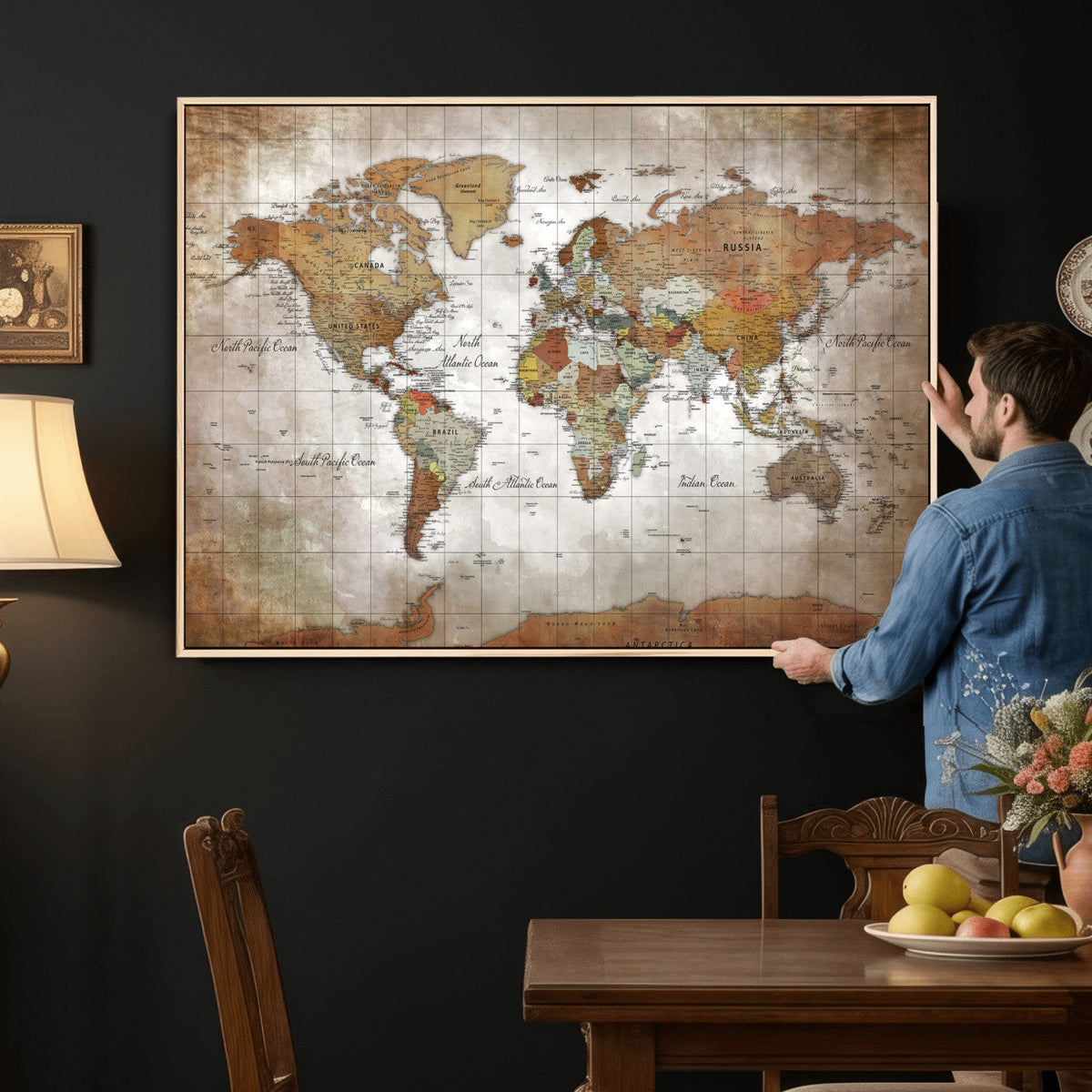 Vibrant Watercolor World Map Canvas Wall Art – Framed Travel