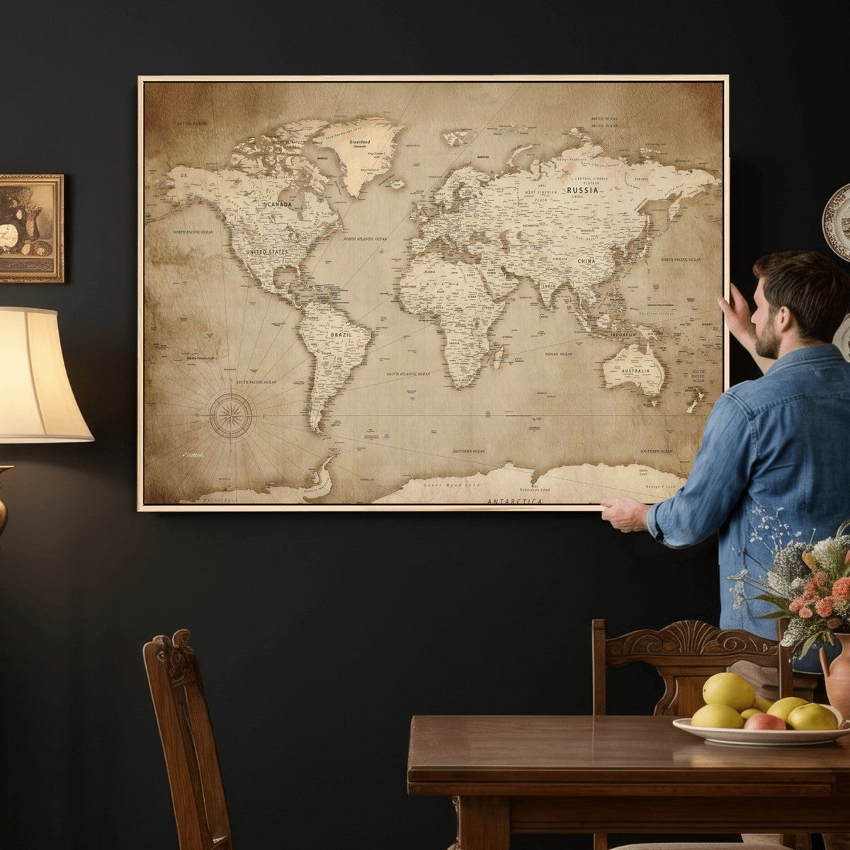 Colorful Watercolor World Map Canvas Wall Art – Framed