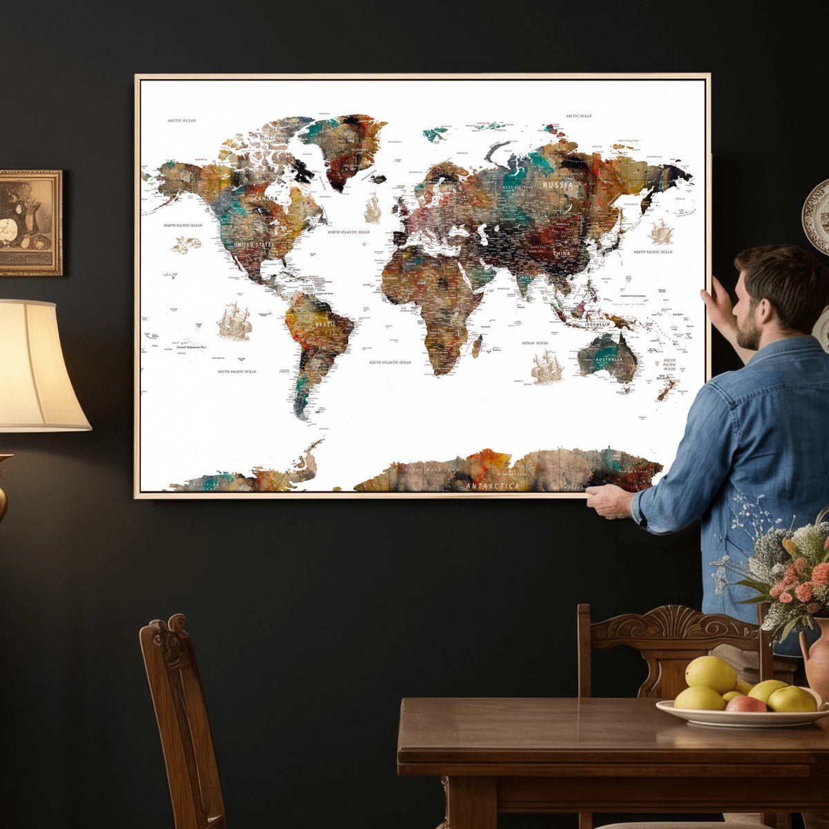 Watercolor World Map Canvas Print – Detailed Map of the