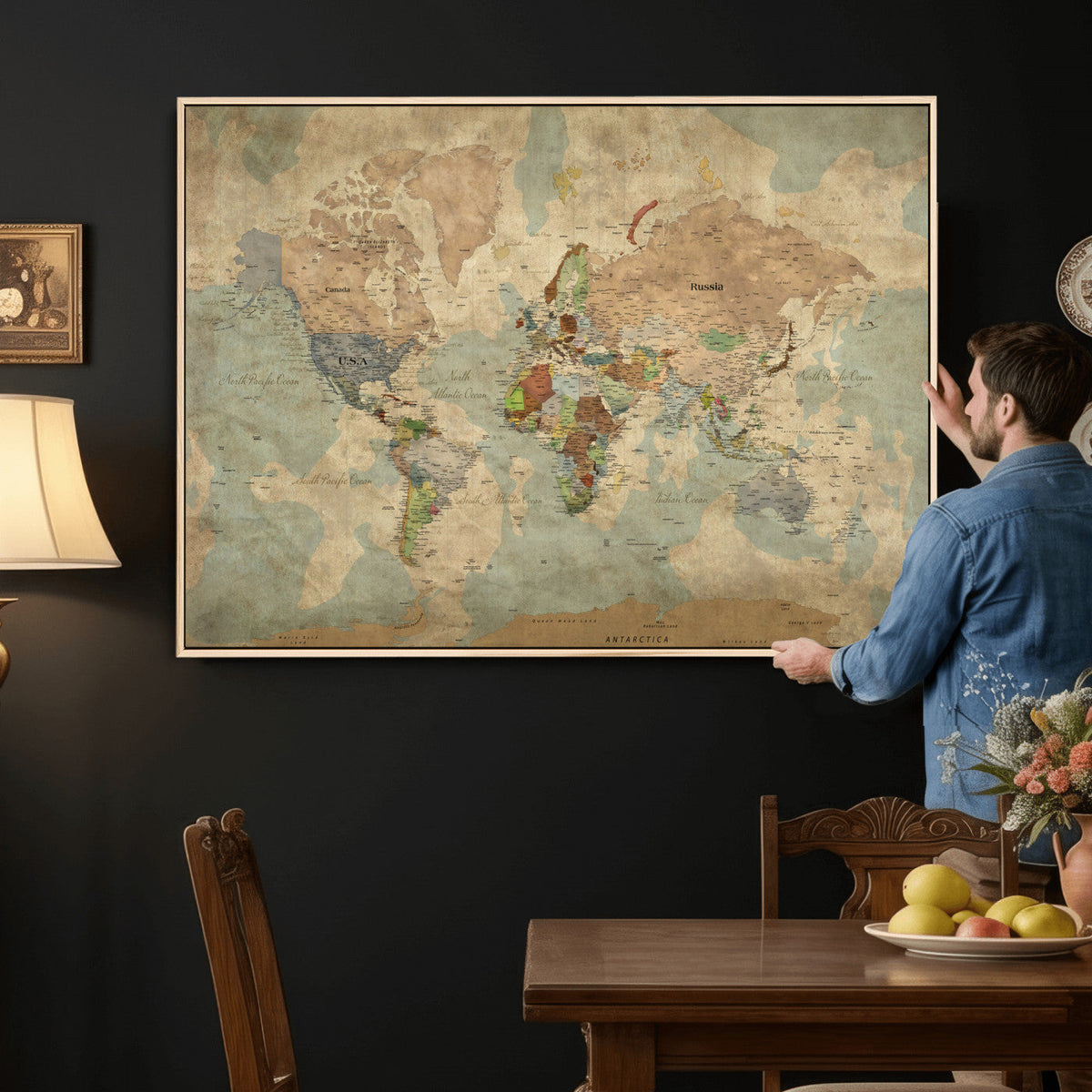 World Map Wall Art Canvas Print, Rustic Map Print, Framed
