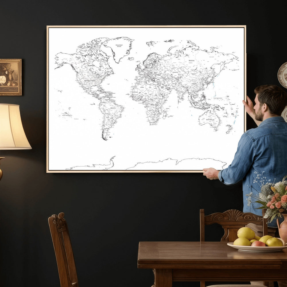 World Map Canvas Print – Framed Modern Detailed Map of the