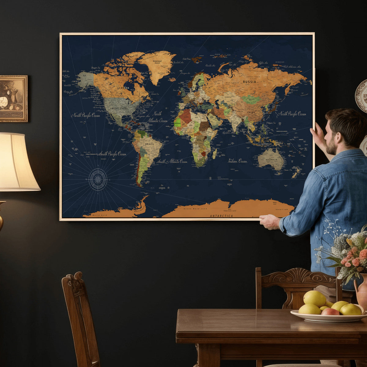 Modern World Map Canvas Print – Framed Detailed Map of the