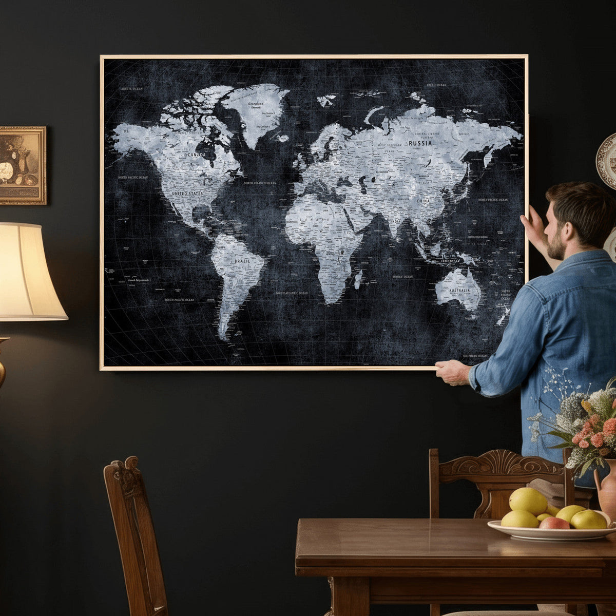 Black World Map Canvas Print – Detailed Map for Couples and
