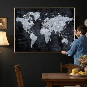 Black World Map Canvas Print – Detailed Map for Couples and