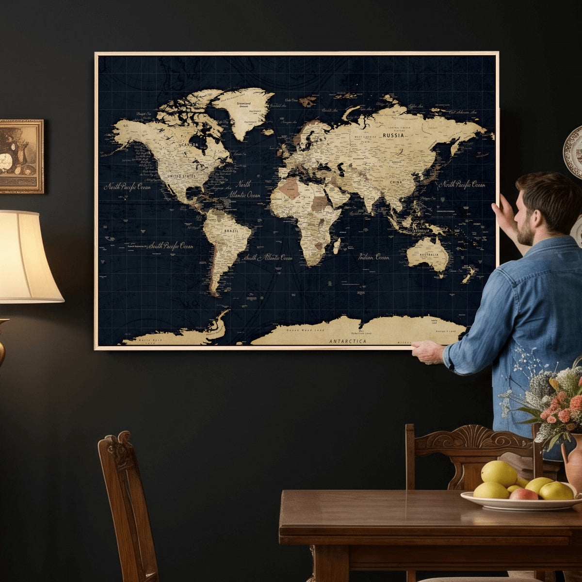 Dark World Map Canvas Wall Art Print, Minimal Black and Gold