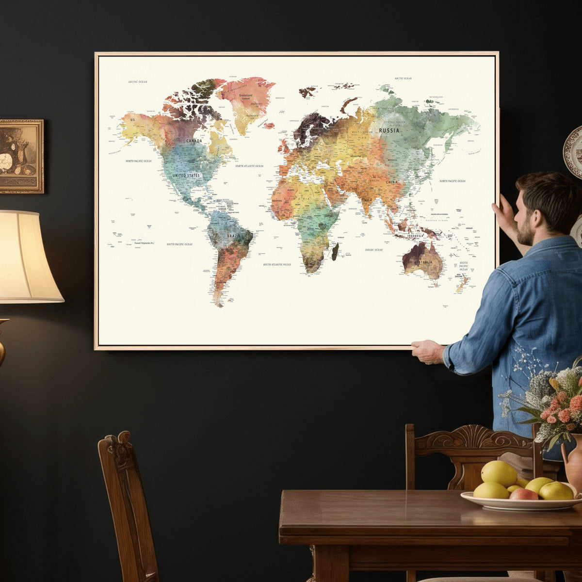 Framed World Map Wall Art Canvas Print for Living Room and