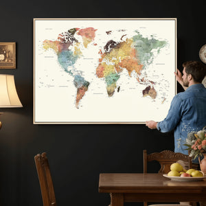 Framed World Map Wall Art Canvas Print for Living Room and