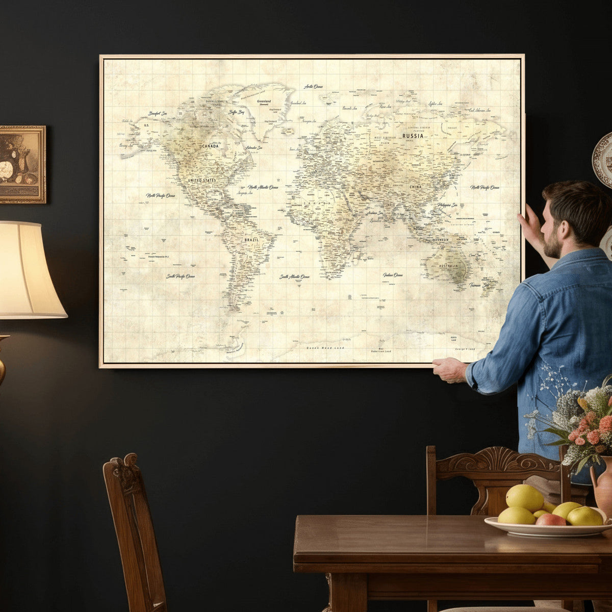 Colorful Watercolor World Map Canvas Wall Art – Framed