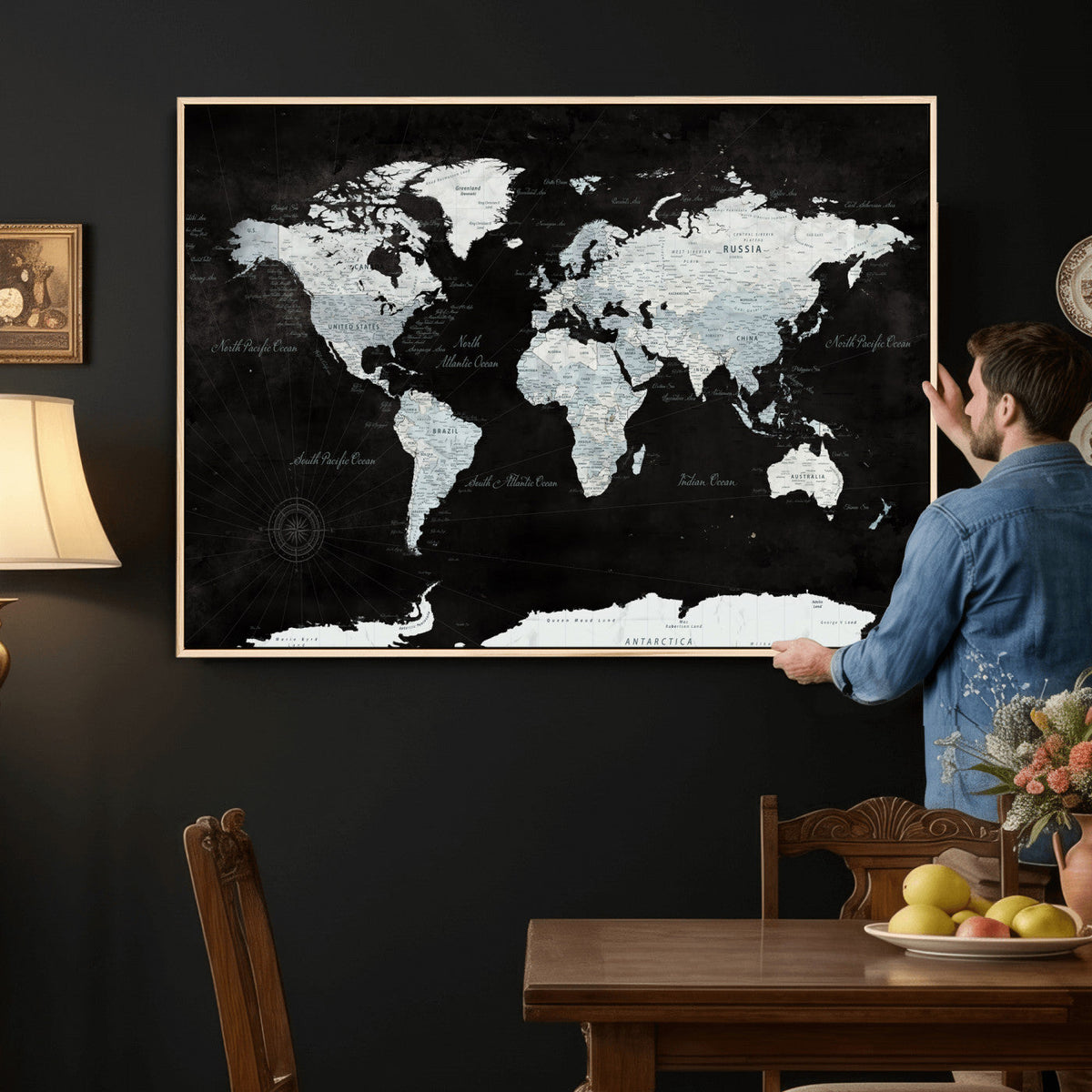 World Map Canvas Print – Framed Push Pin Wall Art, Color