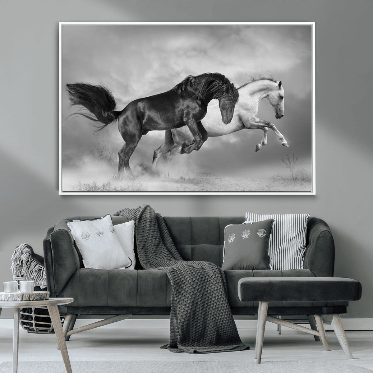 Wild Horses Wall Art Canvas Print – Framed Black and White