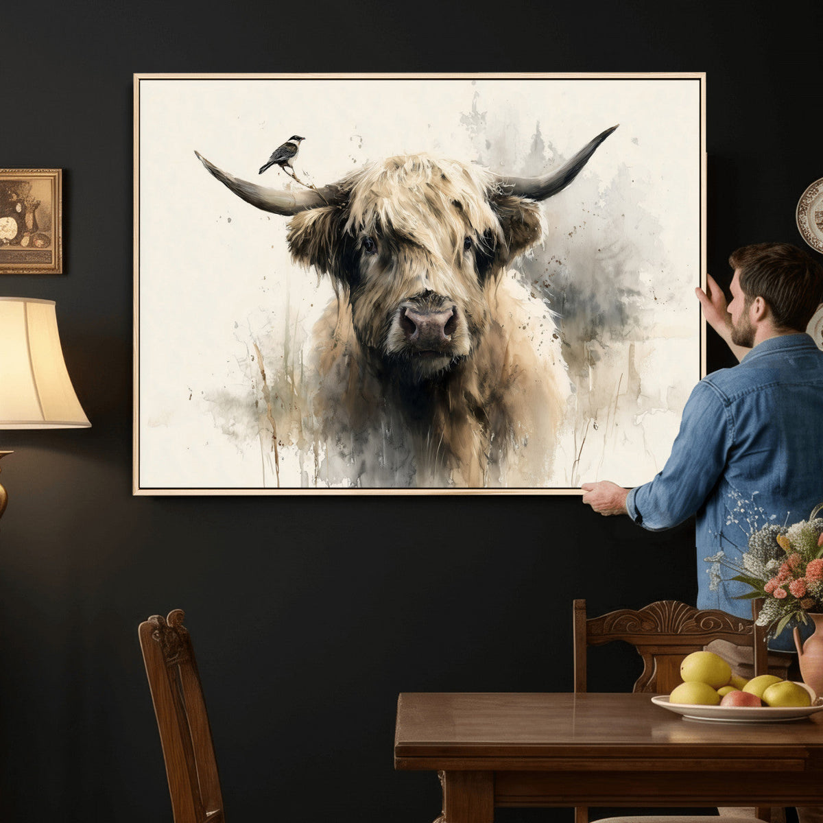 Abstract Highland Cow Wall Art Canvas Print, Rustic Farm