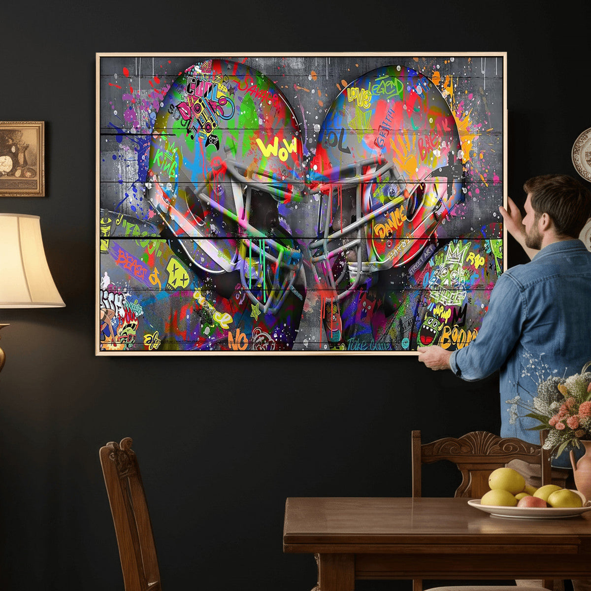 Graffiti Football Helmets Wall Art Canvas Print, Urban