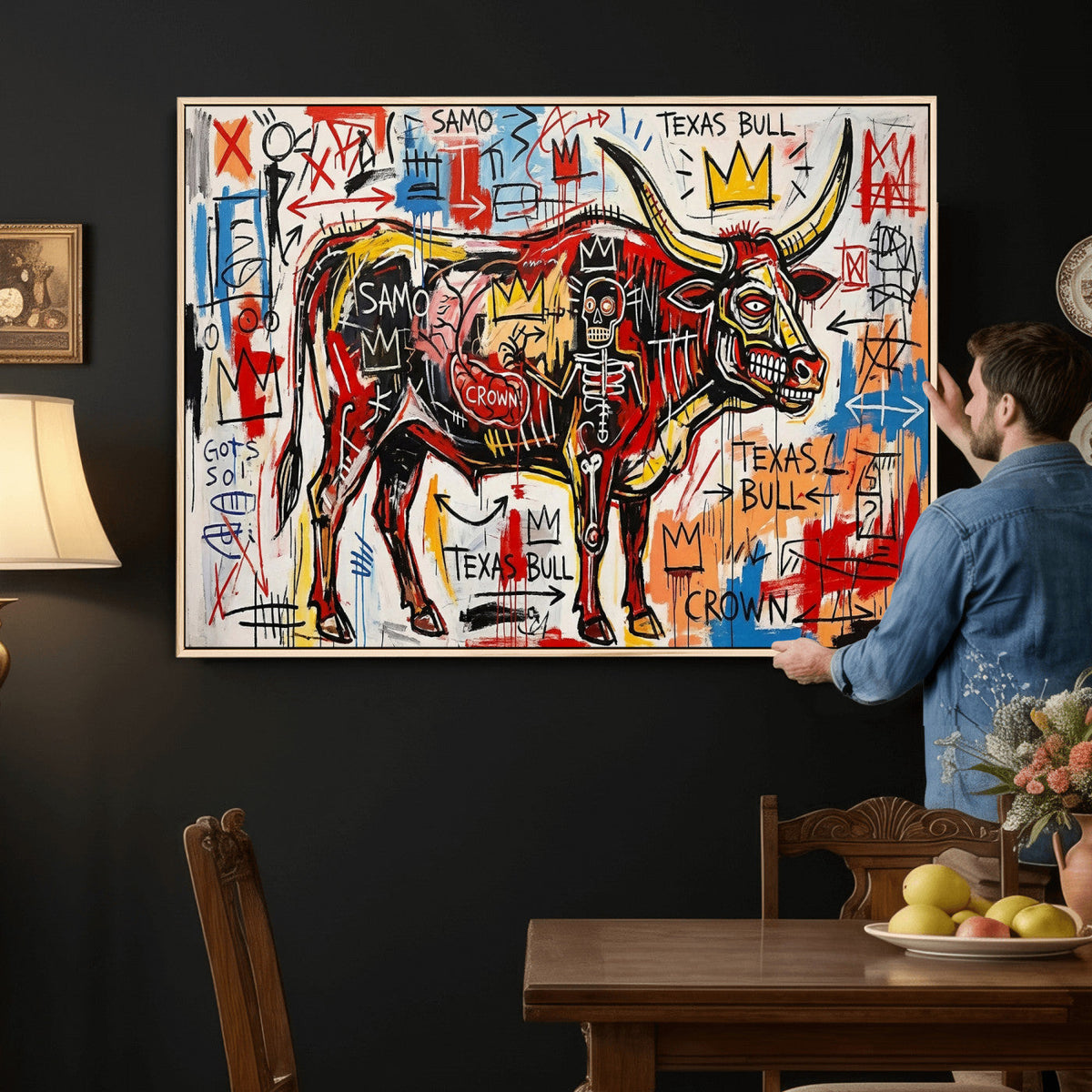 Texas Bull Wall Art Canvas Print, Abstract Graffiti Bull