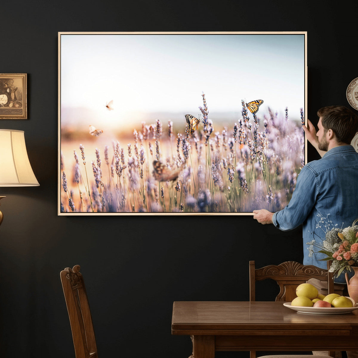 Lavender Field Wall Art Canvas Print, Butterfly Floral