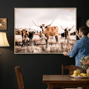 Texas Longhorn Cattle Wall Art Canvas Print, Sepia Western