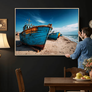 Coastal Fishing Boats Wall Art Canvas Print, Sunset Beach