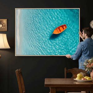 Minimalist Boat Wall Art Canvas Print, Aerial Sea Landscape
