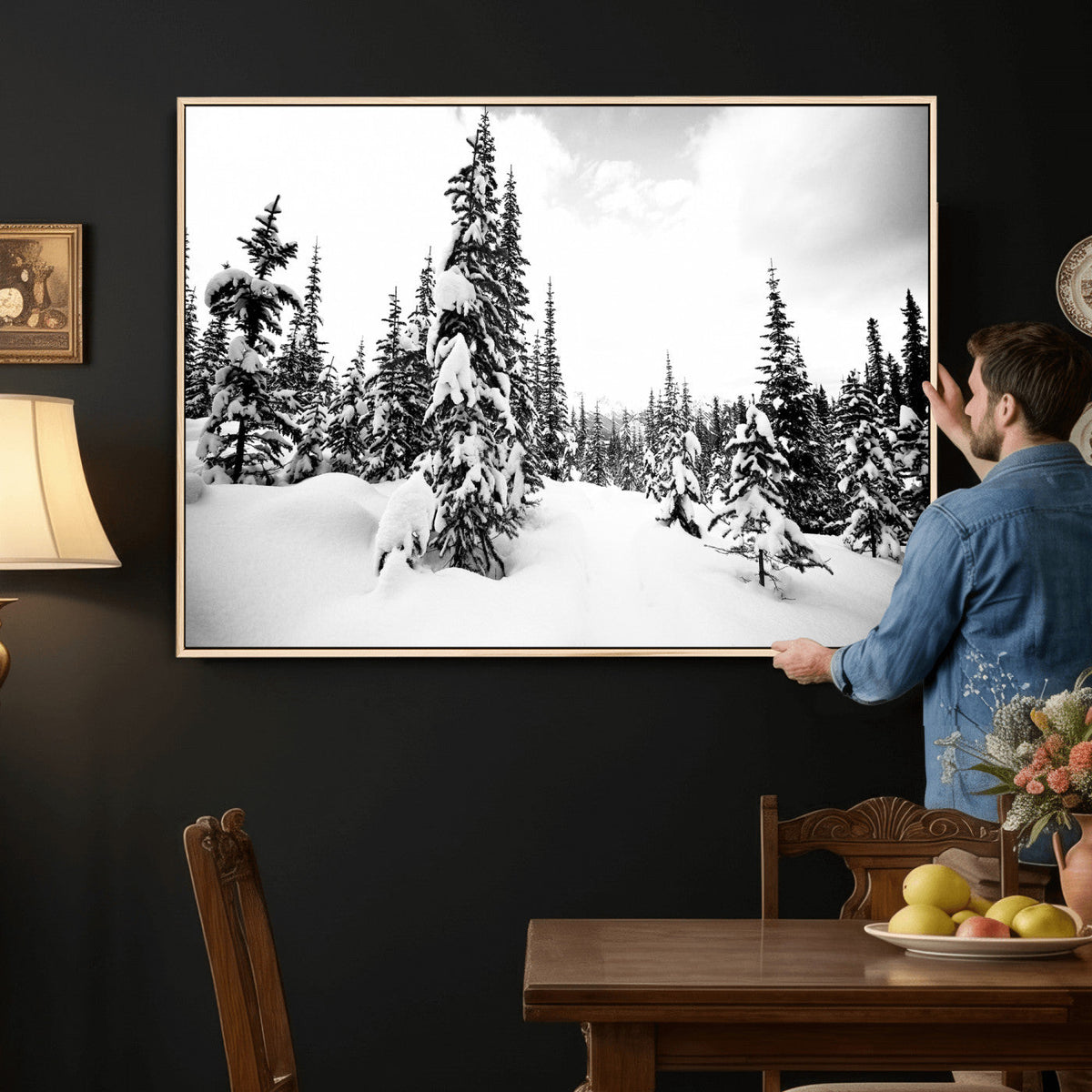 Black and White Snowy Pine Forest Wall Art Canvas Print,