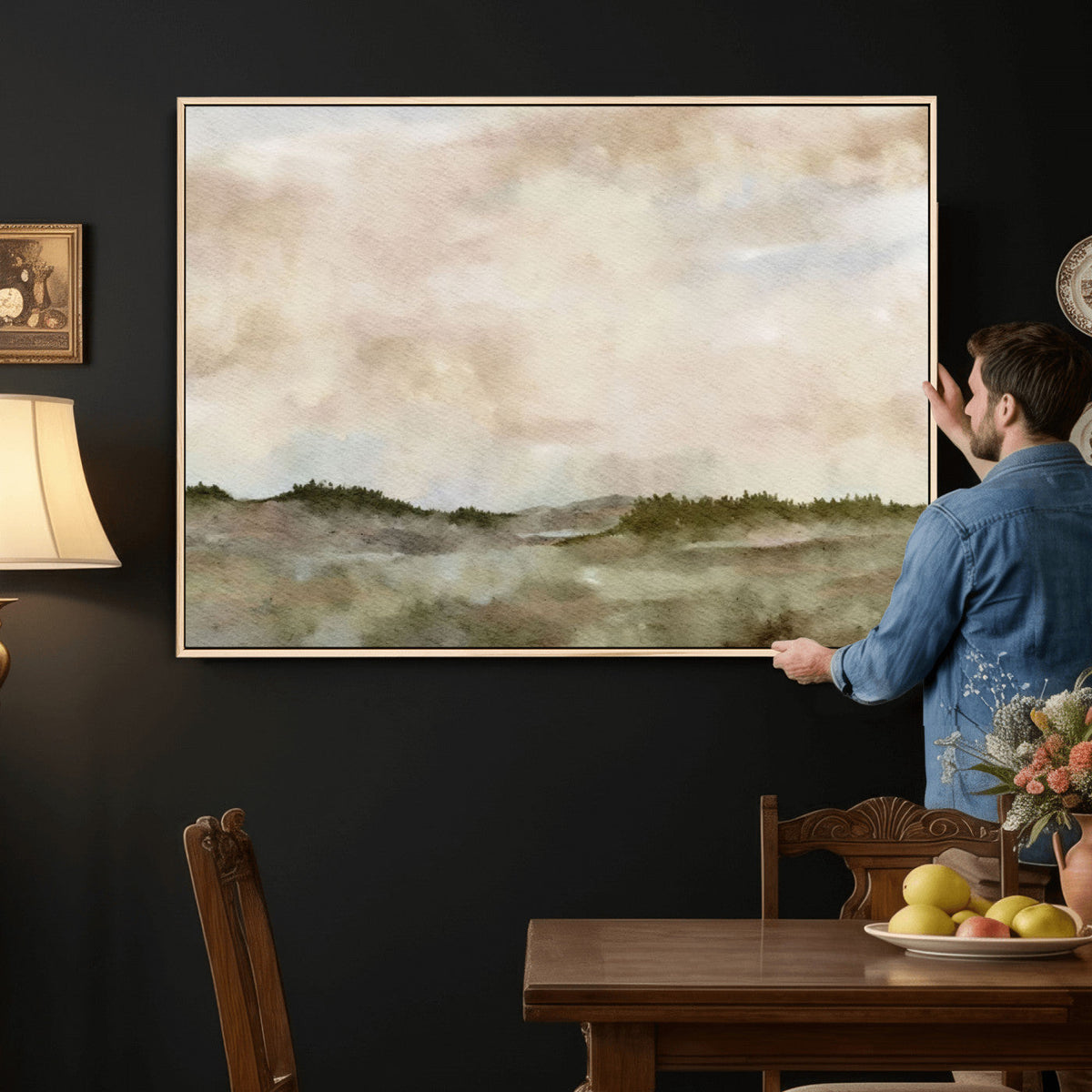 Muted Watercolor Hill Landscape Print — Beige Taupe Cloudy